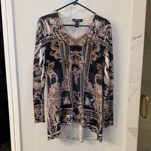 Chico's Ornate Black and Cream Long Sleeve Top